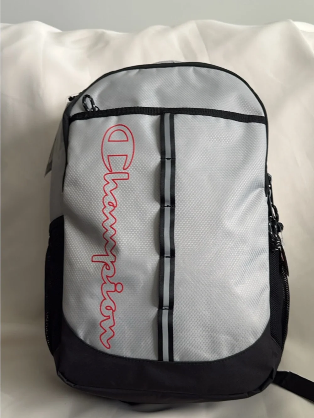 Champion Light Gray and Black Backpack with Red Logo